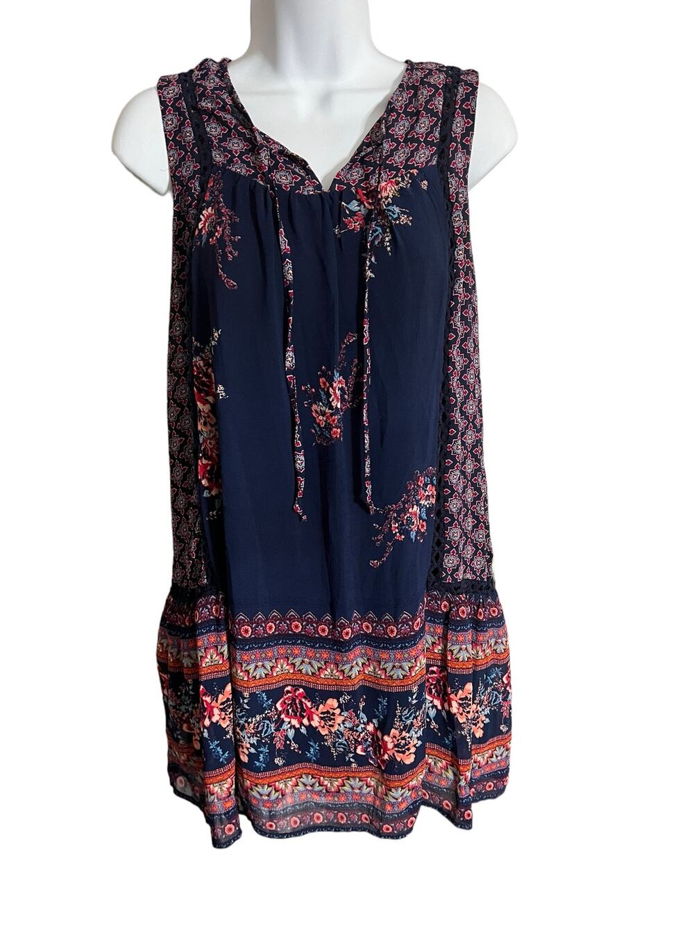 Xhilaration sleeveless tunic swing dress blue floral sheer crochet panel small